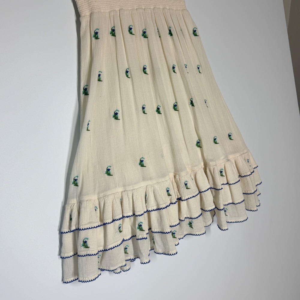 Anthropologie Floreat Cotton Embroidered Ruffle Dress Ivory Blue Floral Size 12 - Picture 5 of 15